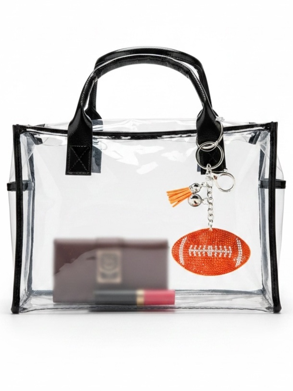Orange Football Allover Rhinestone Tassel Black Silver Keychain Puffy Bag Charm